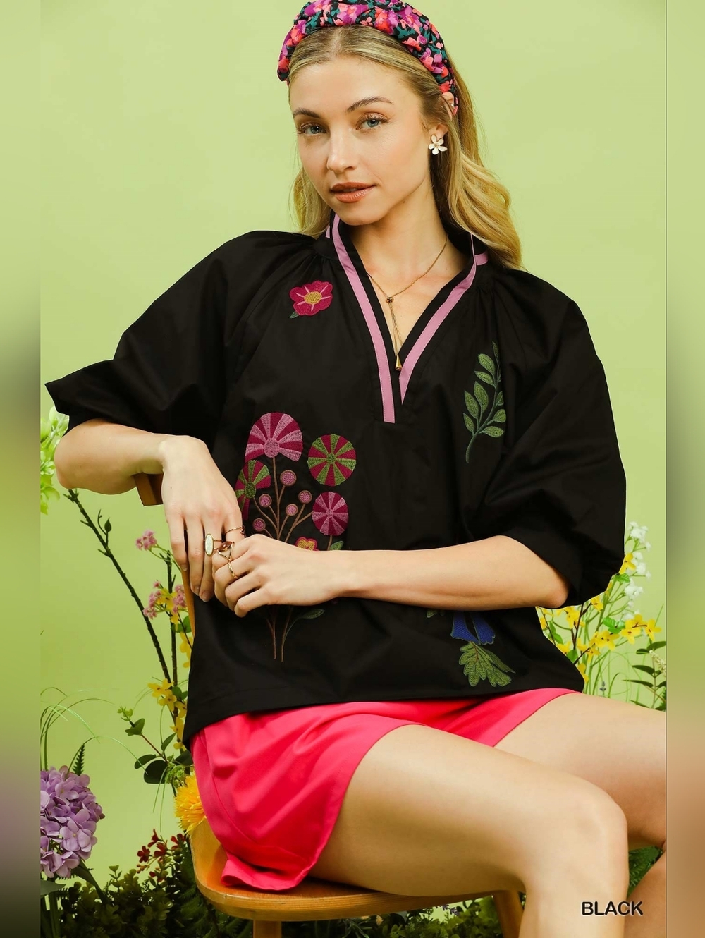 Floral Embroidered Black V-Neck Women's Top - Picture 5 of 8